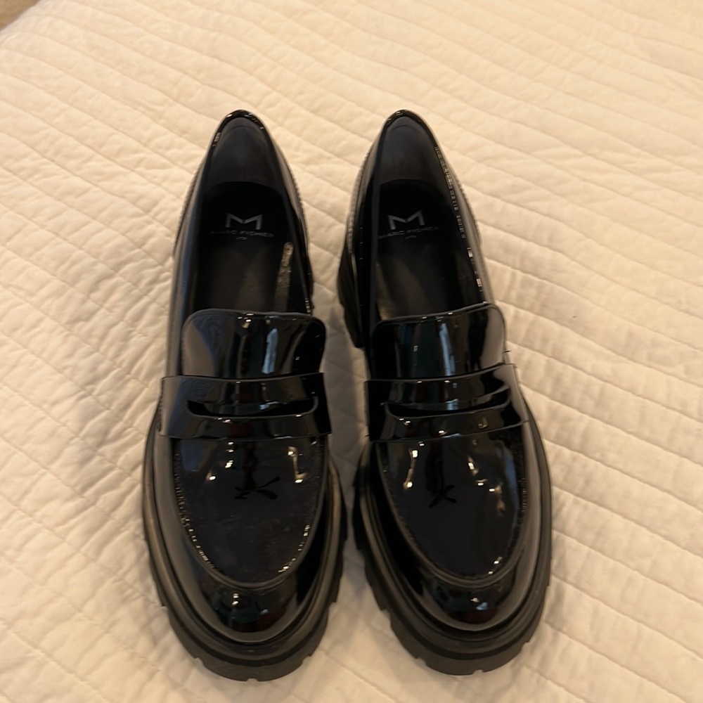 Marc Fisher Black Patent Leather Lug Sole Penny Loafers